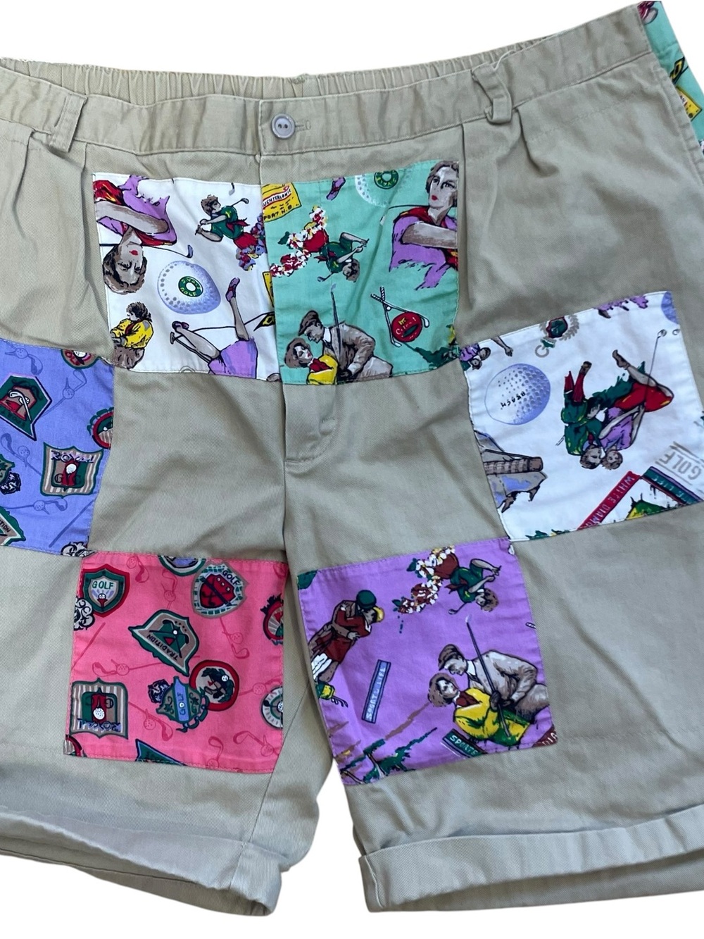 PatchIt Golf Print Patchwork Khaki Cotton Shorts Size Large Funky Retro - Picture 2 of 14